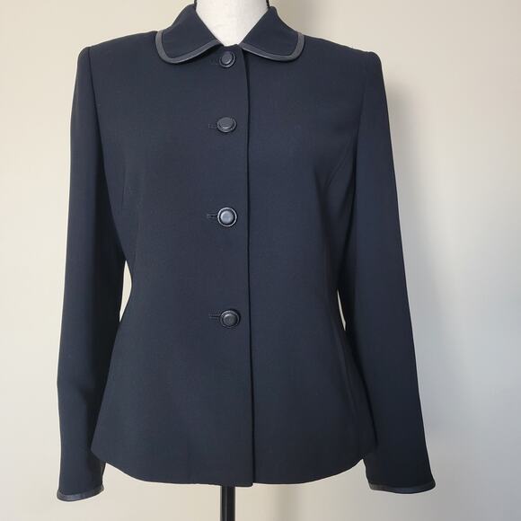Kasper A.S.L. Petite 8 Jacket Blazer Single Breasted Faux Leather Trim Lined - Picture 1 of 16